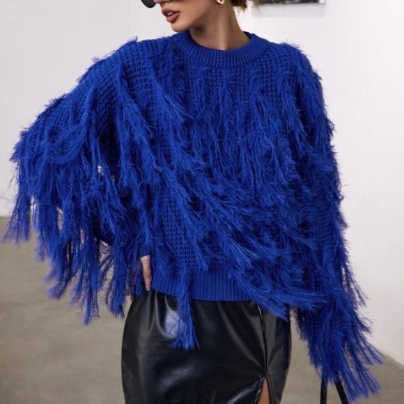 BLUE Fuzzy Fringe Crop knit Sweater top - Picture 5 of 6